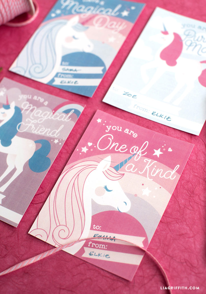 Download a print a set of enchanting unicorn Valentines