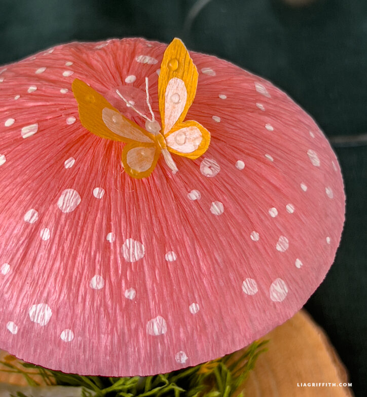 paper mushroom fairy garden close up butterfly