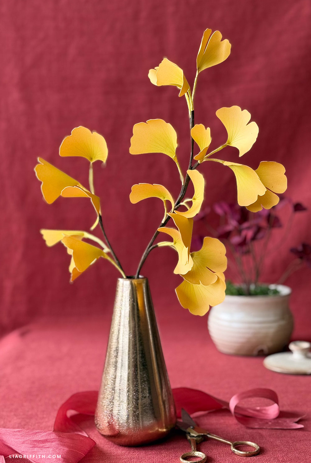 Cardstock ginkgo branch with golden yellow fan-shaped leaves