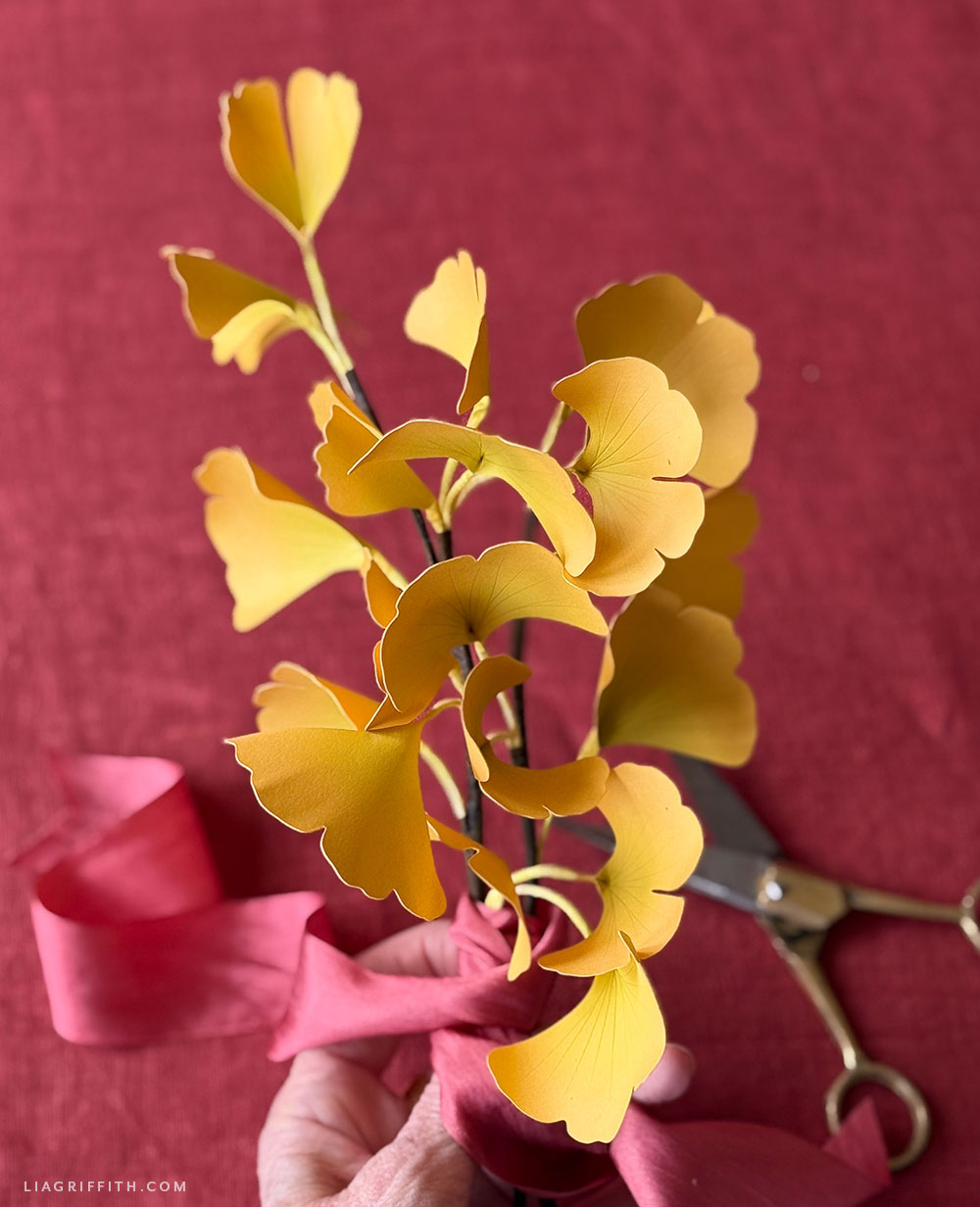 Cardstock ginkgo branch with golden yellow fan-shaped leaves