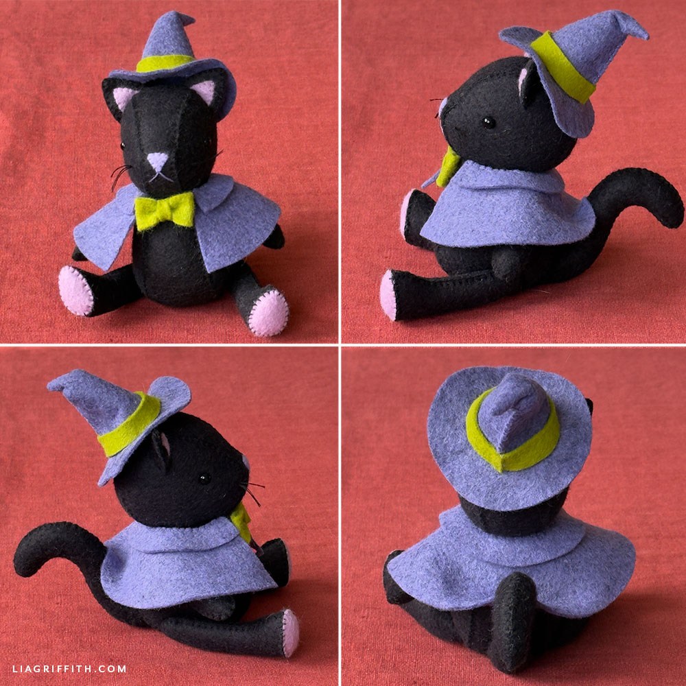 Felt black cat in a purple witch hat and cape