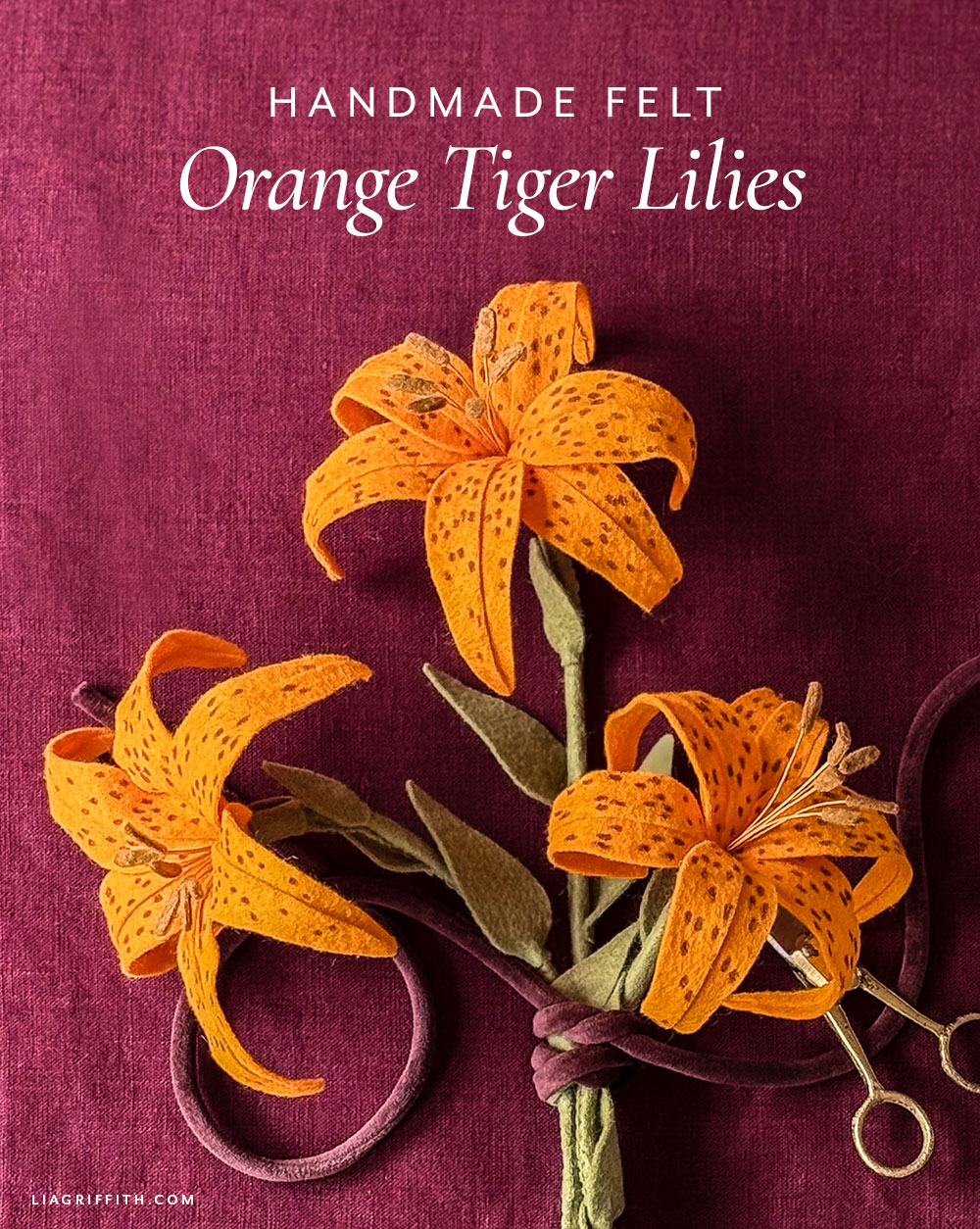 Orange felt tiger lily with curved petals and brown spots