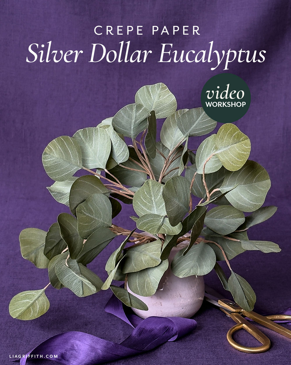 Crepe paper eucalyptus branches with round silver dollar leaves
