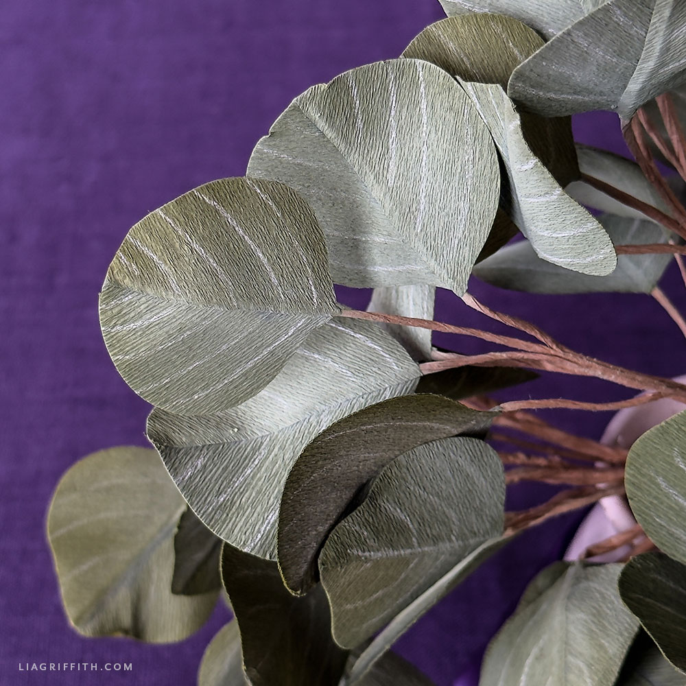 Crepe paper eucalyptus branches with round silver dollar leaves