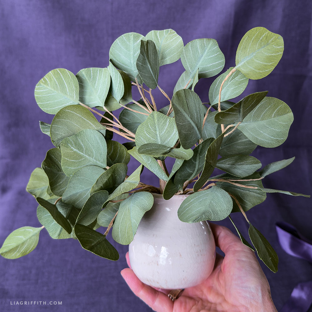 Crepe paper eucalyptus branches with round silver dollar leaves
